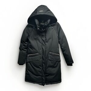 Soia & Kyo Down Puffer Mock Neck Hooded Full Zip Parka Coat Size XS Missing Trim
